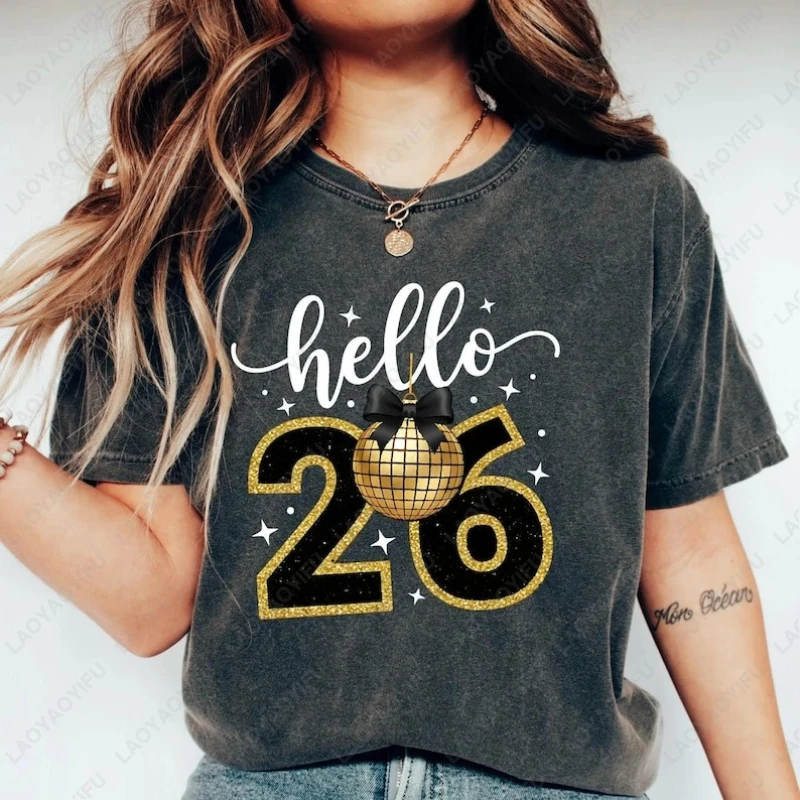 

Hello 2026 Adult Cotton Shirts Xmas Party Gift Happy New Year Tee Cute Bow Disco Ball Festival Graphic Simple O-neck Woman Tops