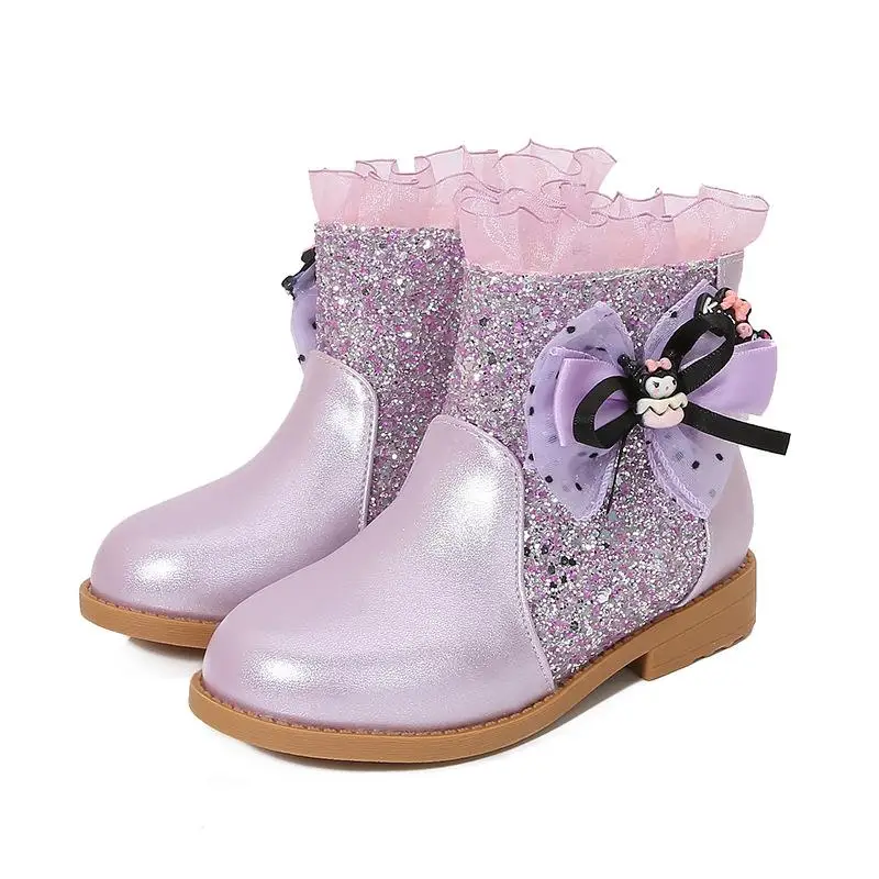 Bottes de princesse Anime Kuromi pour filles, chaussures en coton de dessin animé Kawaii pour enfants, bottes courtes Sanrios, paillettes, velours, automne, hiver, nouveau