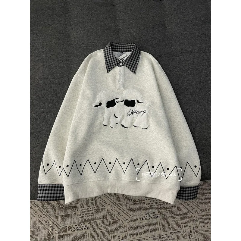 Korean fake two-piece flocking cartoon cute lamb plaid polo collar sweater women's spring new college style stitching shirt coat