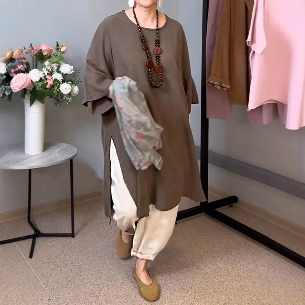 بلوزة نسائية صيفية أوروبية وأمريكية جديدة بلون سادة ورقبة دائرية وأكمام سبعة أرباع كتان غير رسمي طويل