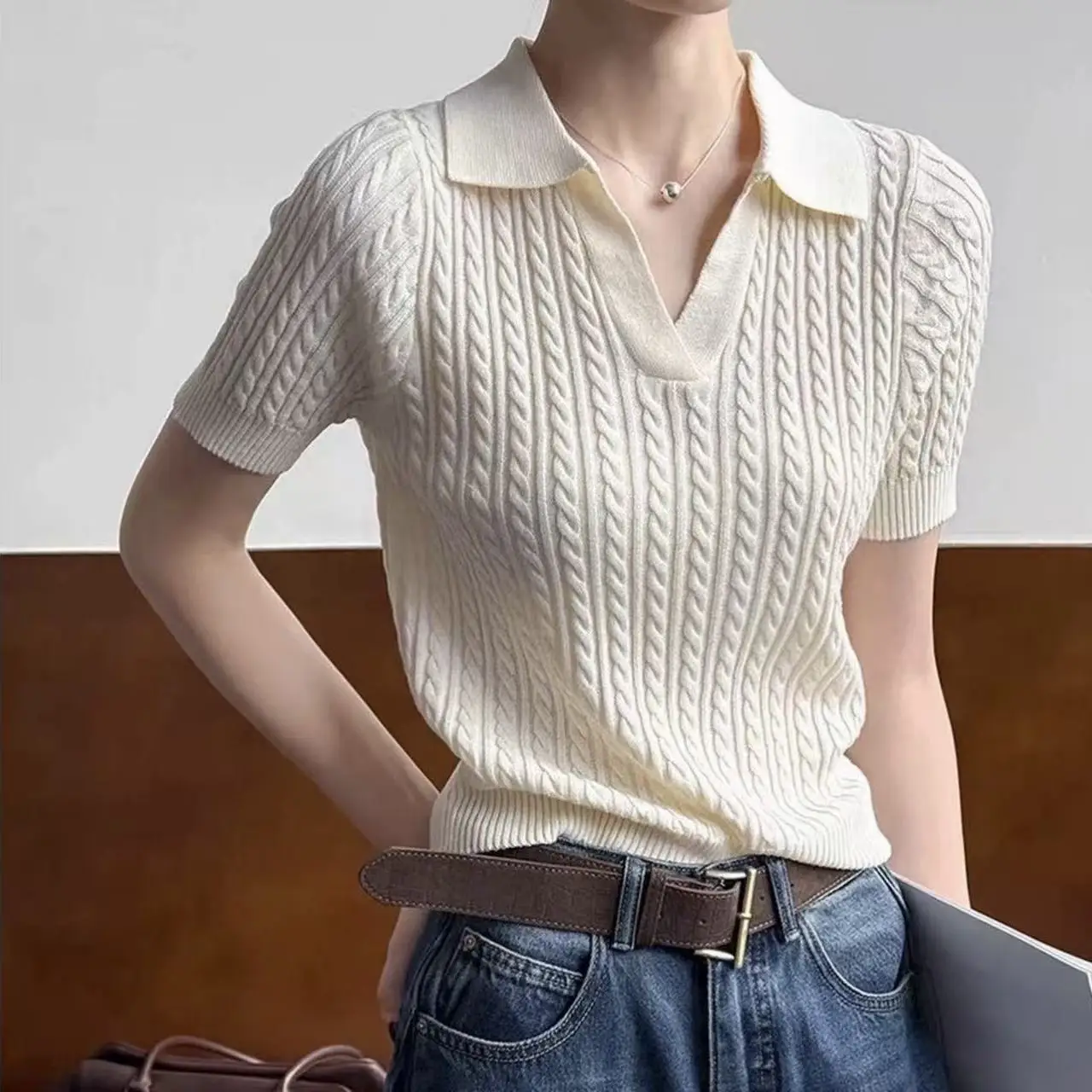 Fashionable Casual Slim Fit  Neck Short Sleeve Knitted Sweater Women's Summer New Style Casual Short Top Polyester Fiber