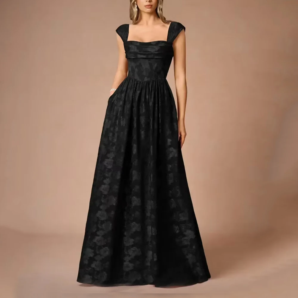 

Charming Black Prom Dress Square Collar Cap Sleeve Classic A-Line Floor Length Customized Autumn Evening Gown Women New Arrival