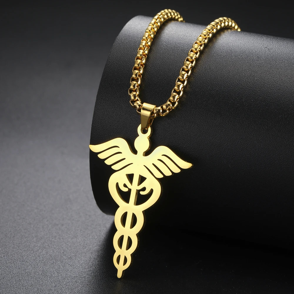 Dawapara Caduceus Necklace Archangel Wings Healing Medical Symbol Pendant Asclepius Protection Amulet Stainless  Steel Jewelry