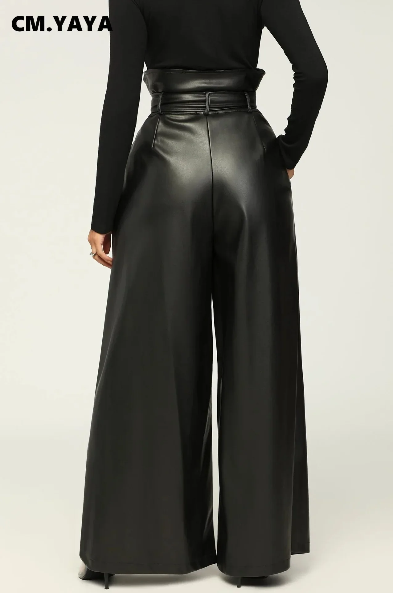 Women Fashion Faux Leather High Waist with Sashes Zipper Side Wide Leg Loose Pants 2024 Autumn Winter Street PU Trousers