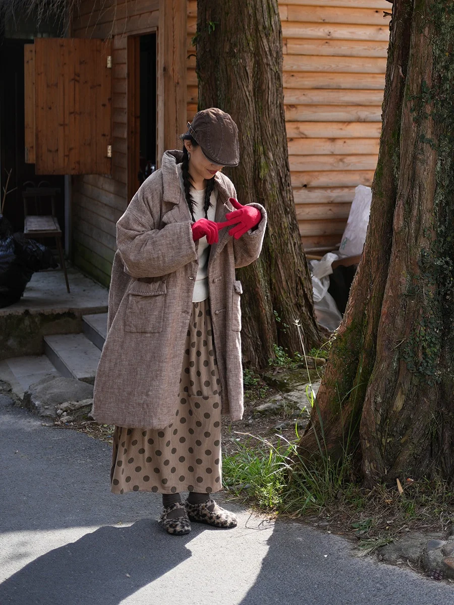 

Теплое льняное пальто оверсайз средней длины ручной работы для женщин, в стиле Old Money, для повседневной носки, винтажное, из хлопка, длинное, свободного кроя