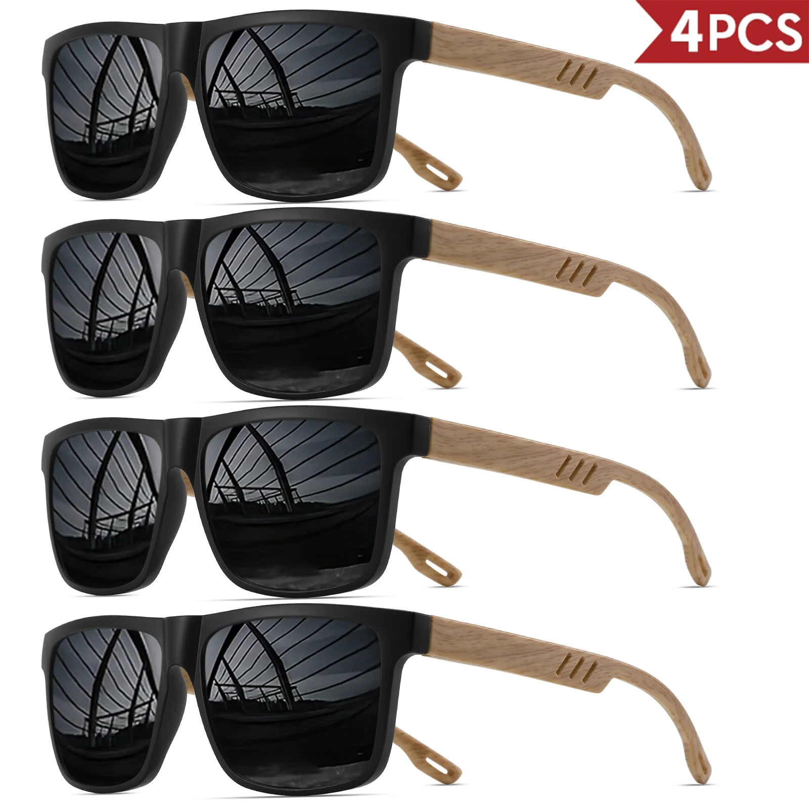 4 stuks houtnerf veerscharnier zonnebril - klassiek retro vierkant frame, UV400 unisex comfort geschikt voor dagelijkse vrijetijdskleding - afbeelding 1