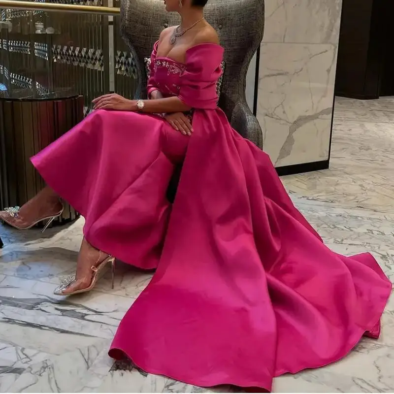 

Elegant Fuchsia Evening Dresses 2024 Off Shoulder Beaded Mermaid Saudi Arabic Women Formal Occasion Dress Wedding Party Gown