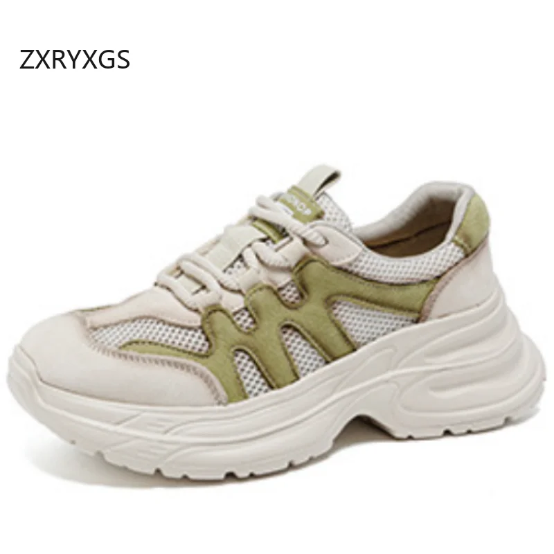 

Женские модные кроссовки ZXRYXGS из натуральной кожи с сетчатыми вставками и цветовыми блоками, дышащие, на толстой подошве, трендовая обувь 2026