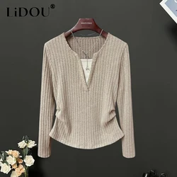 Spring Autumn Fake Two Pieces Loose Casual Sweater Ladies Long Sleeve Simple All-match Jumpers Women Pullover Knitting Top Women