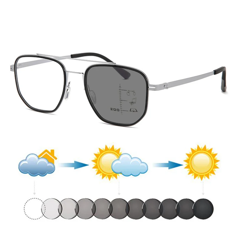 

Новые мужские фотохромные прогрессивные очки для чтения с двойной перемычкой, квадратные, модные, металлические + TR, для дальнозоркости, для чтения и видения на ближнем и дальнем расстоянии