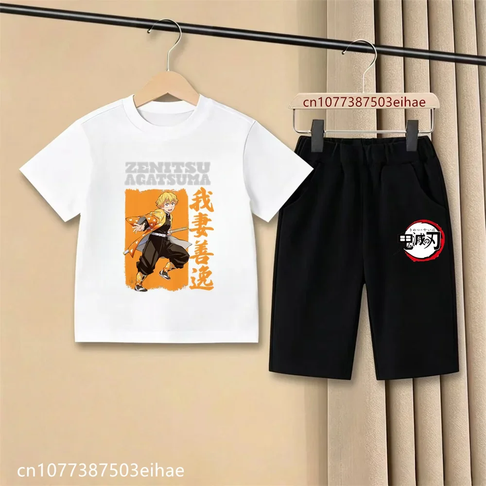 2026 Kids Demon Slayer Anime Ghost Blade Short Sleeve Tee Casual Shorts Set Boys Girls Summer Soft Fabric Daily Fashion Outfit