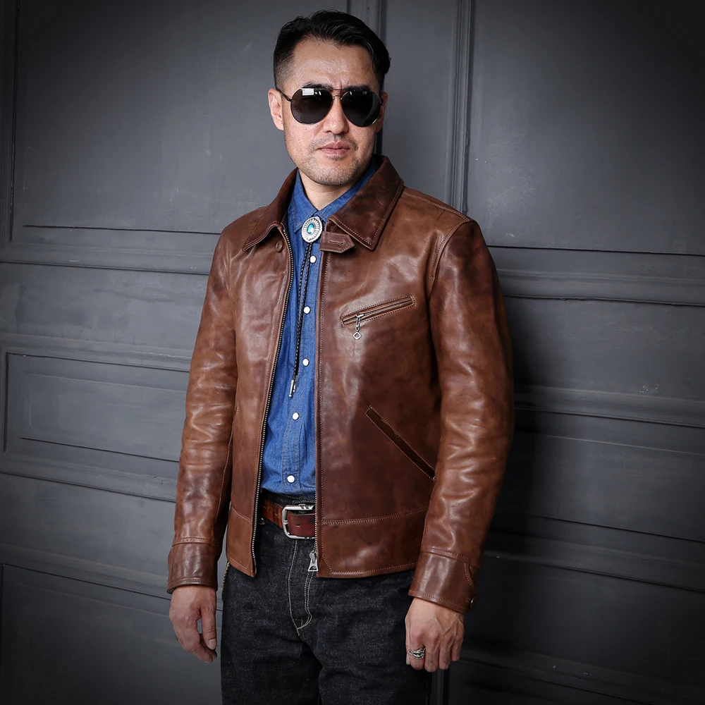 YR!Free shipping.Brand luxury tea core horsehide jacket,1930 Brown leather clothes,Man quality Vintage genuine leather coat,