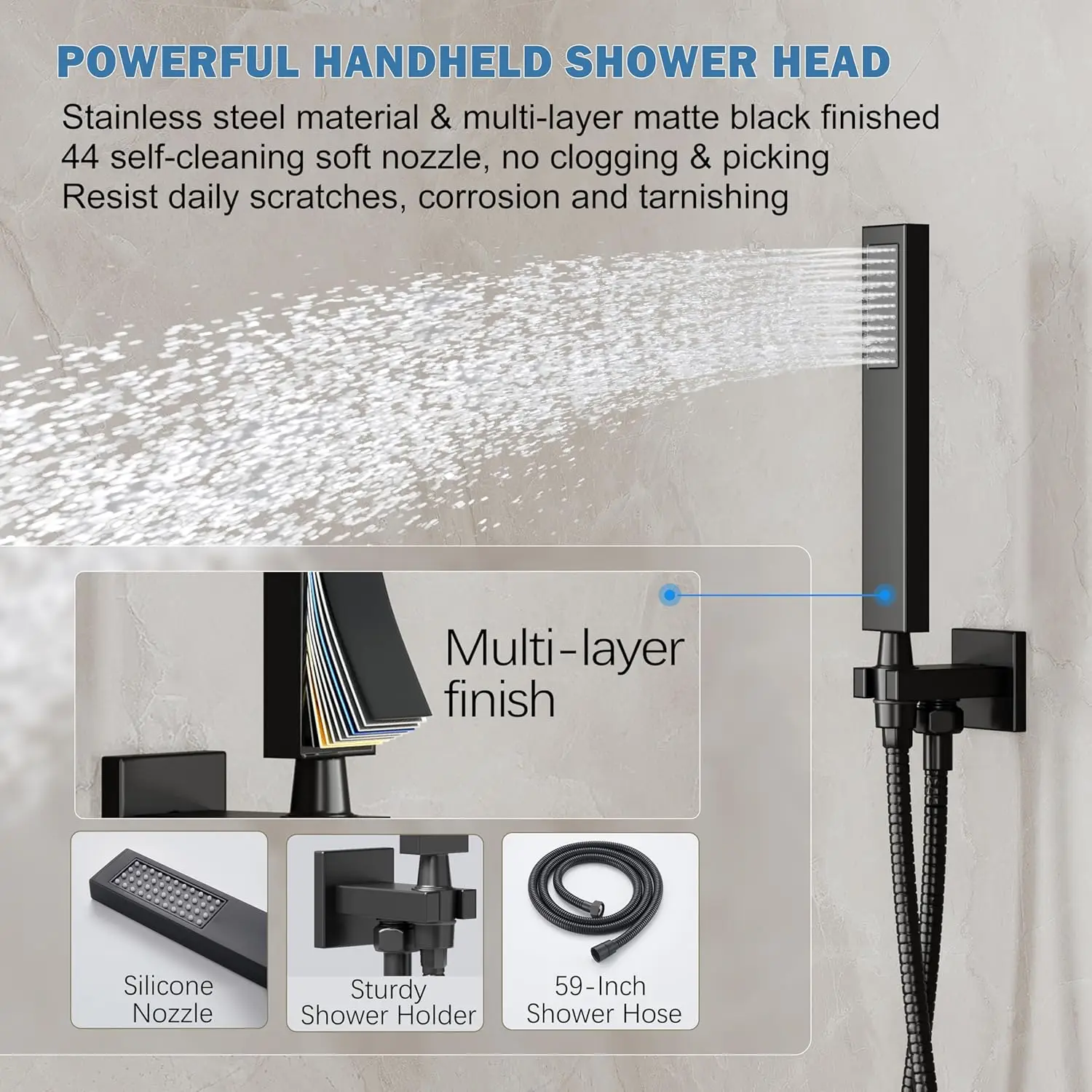 Matte Black Shower System with 10-Inch Rain Head and Handheld Spray, High-Pressure Wall Mounted Set