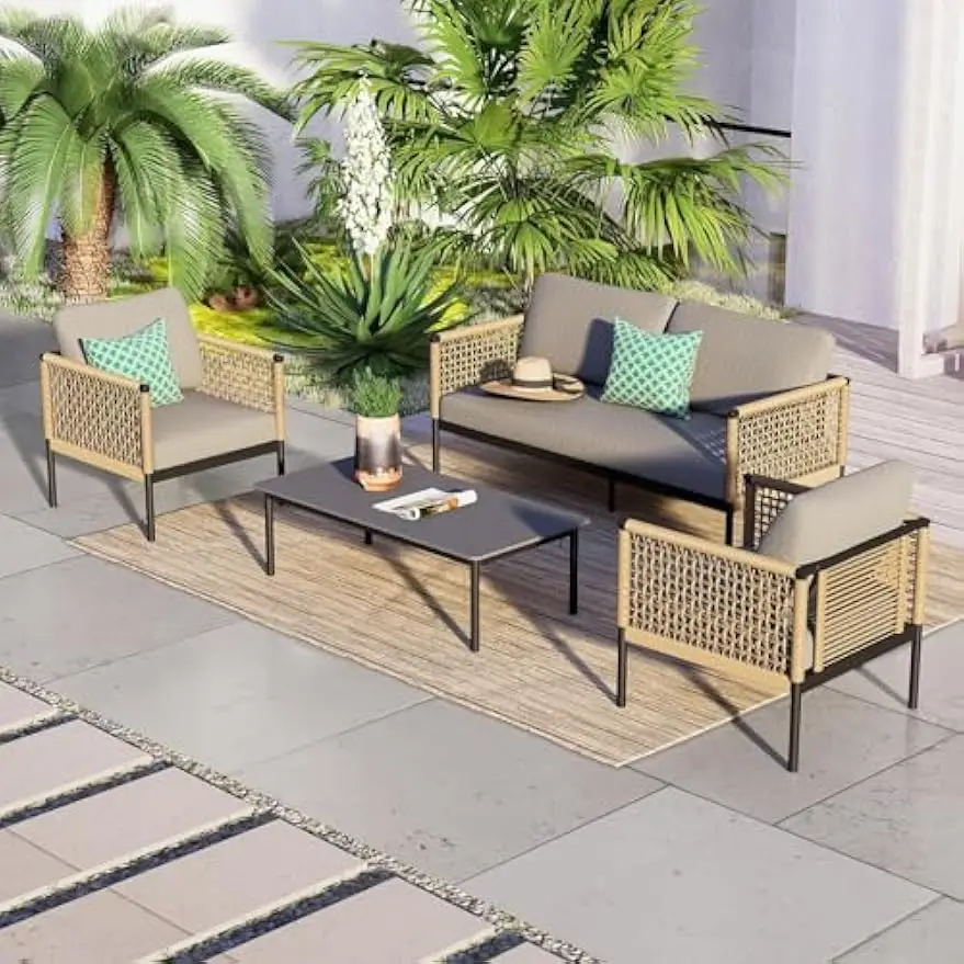 

Outdoor 4-Piece Conversation Set Rust Free Patio Furniture Set Open-Weave Wicker Olefin Modern Sofa Seating for Garden