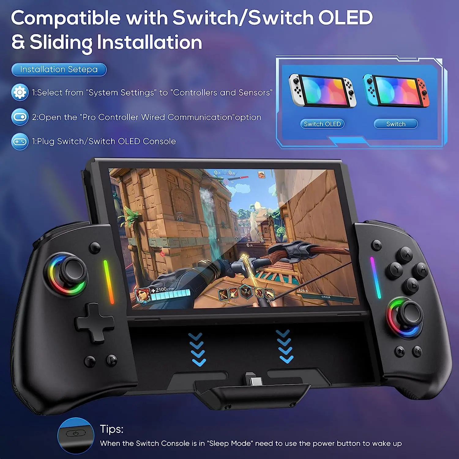 No Deadzone Enhanced  Controller for Switch/Switch OLED, Adjustable LED Light, Ergonomic Design, 6-Axis Gyro