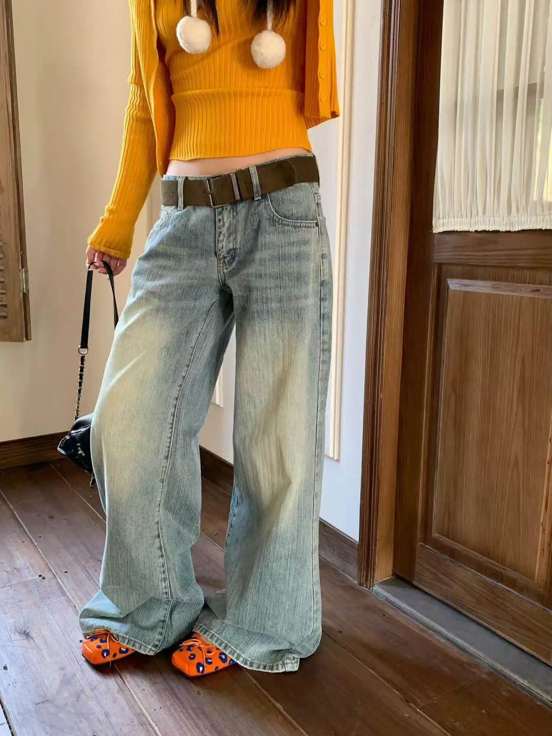 Retro Washed Wide Leg Bell Bottom Denim Jeans Women's Spring Autumn Loose Slimming Not Legging Floor Length Pants