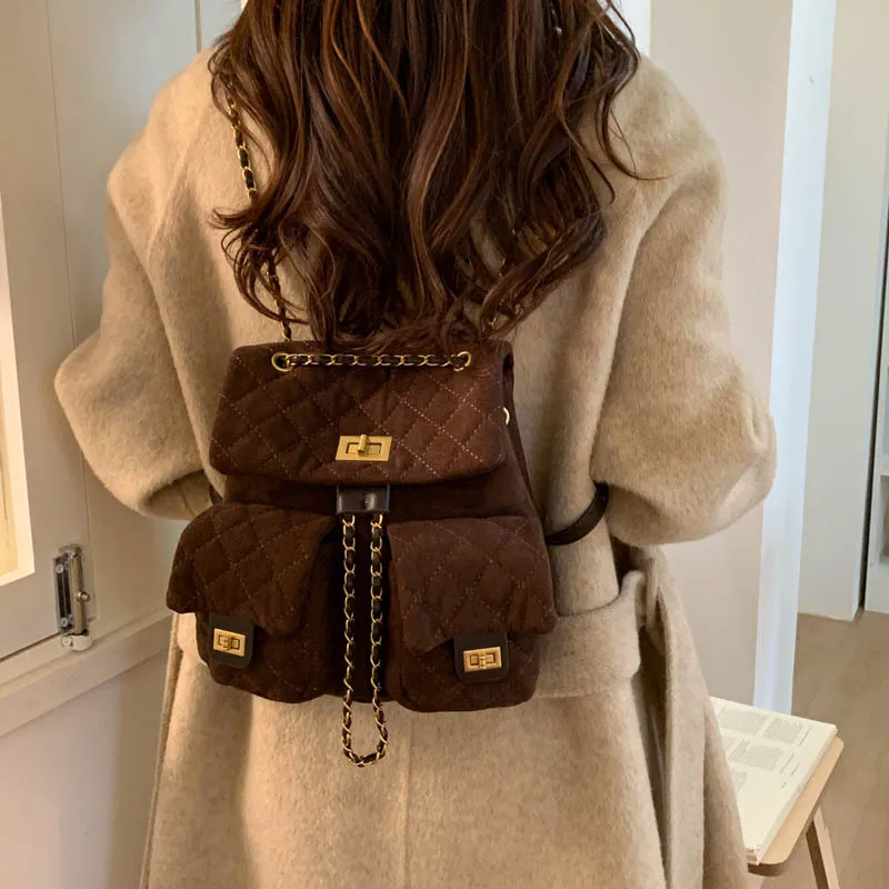 

Small Drawstring Flap Backpack Women Mini Rhombus Leather Textured School Backpack Fashion Travel Commuter Bag Girl Backpacks