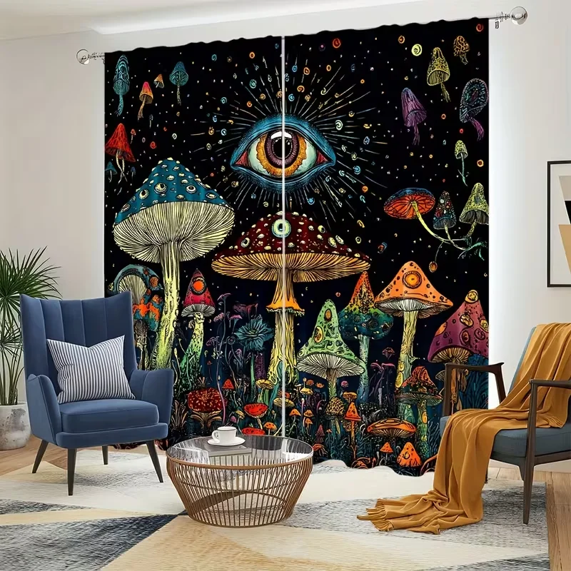 2PC Psychedelic Mushroom Third Eye Sheer Curtains - Trippy Whimsical Fantasy Print Window Drapes for Living Room Bedroom Decor