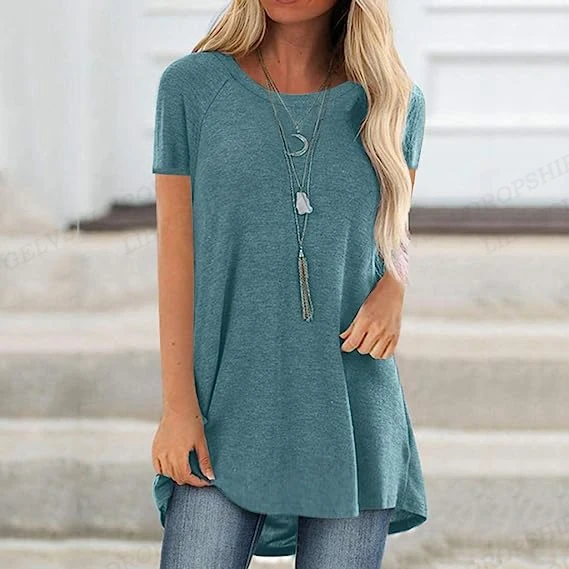 Solid Color Loose Long T shirt Women Fashion T-shirts 2023 Summer Women\'s T-shirt Women\'s Clothing short sleeve Tshirt Tunic Top