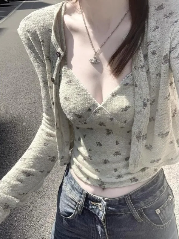 

Green Floral Print Open Cardigan And Tank Top Set plus Size Spring Summer New Style Dopaamine Matching Women's Fashion Set