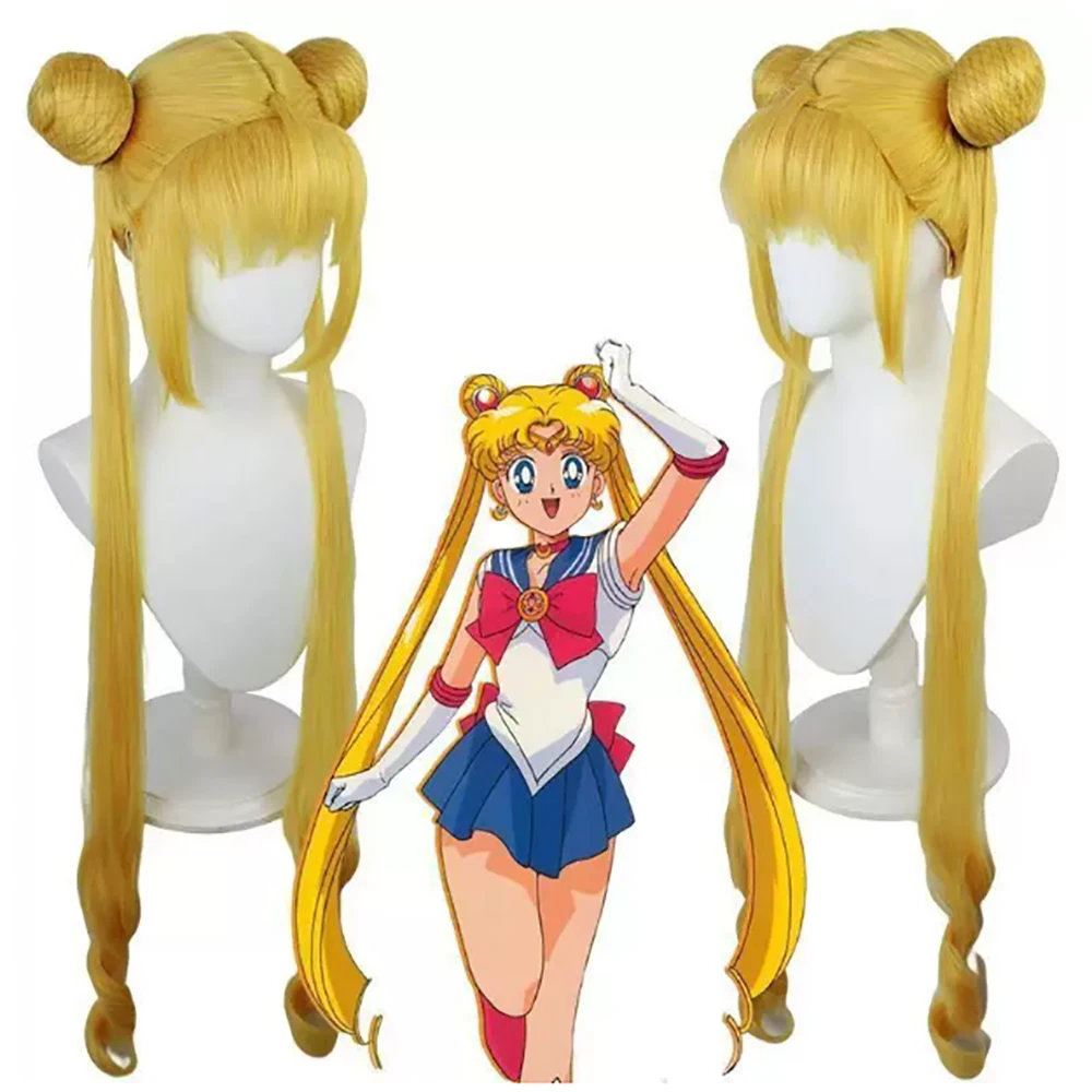 HAIRJOY – perruques synthétiques de Cosplay Sailor Moon Princess Serenity, perruque longue jaune avec filet rose