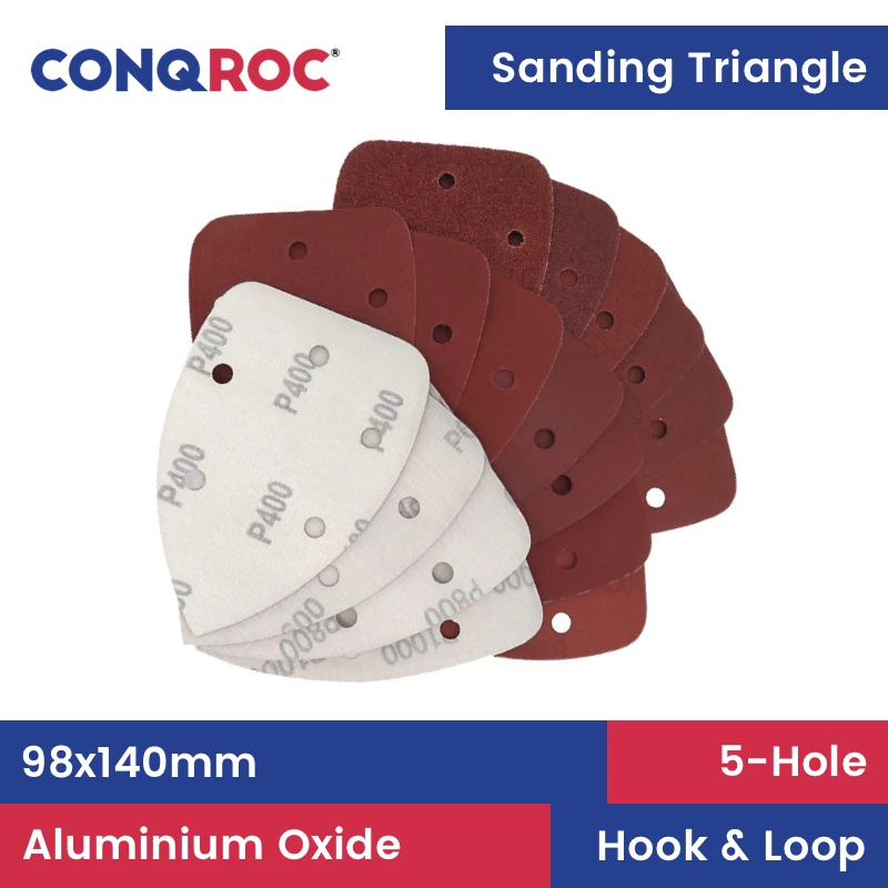 

98x140mm 5-Hole Triangle Sanding Pads Aluminum Oxide Sanding Sheets Hook and Loop Sanding Papers 100-Piece Grit P40~1500
