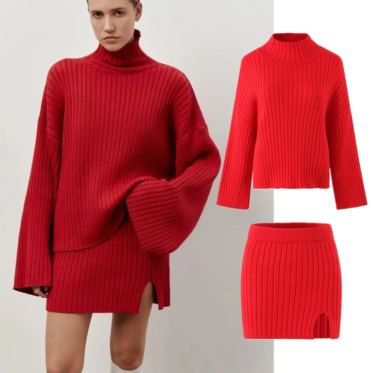 

Dave&Di Nordic Minimalist Solid Color Autumn And Winter Knitted Suit Retro Loose Pullover Sweater Slit Skirt Suits For Women