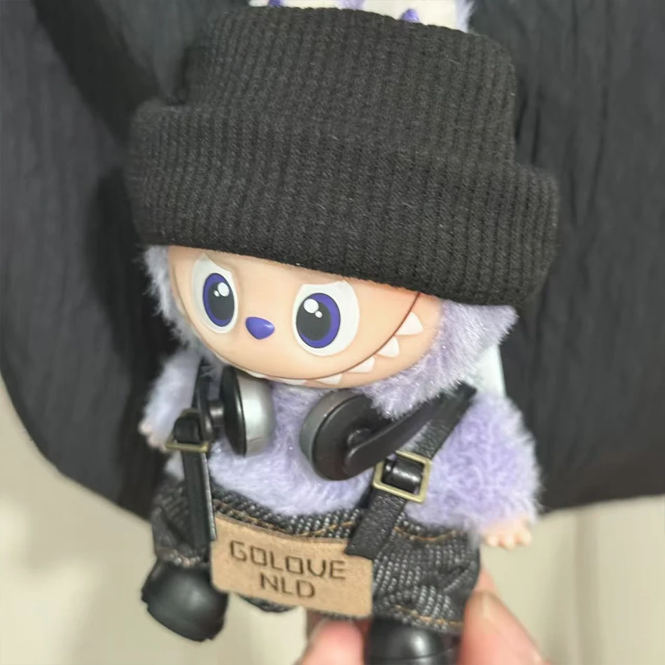 For Mini Labubu Pin For Love Black Bib Overalls Hairband V4 Doll Accessories Plush Doll Outdoor Keychain Lovely Outfit Toy Gifts