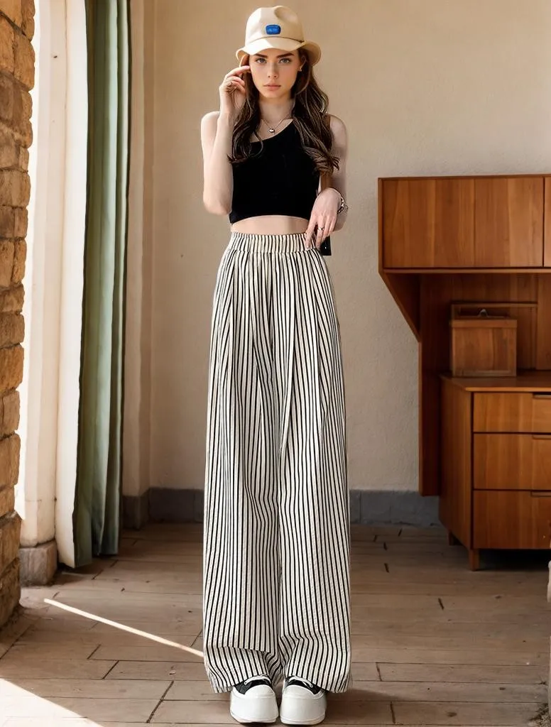 New Arrvials Summer Thin Print Striped Wide Leg Pants For Women 2024 Elastic Waist Casual Loose Full Trousers Female