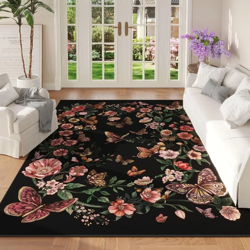 

Vintage Living Room Carpet Pastoral Romantic Floral Butterfly Art Design Bedroom Rug Home Decoration Sofa Coffee Table Mat Tapis