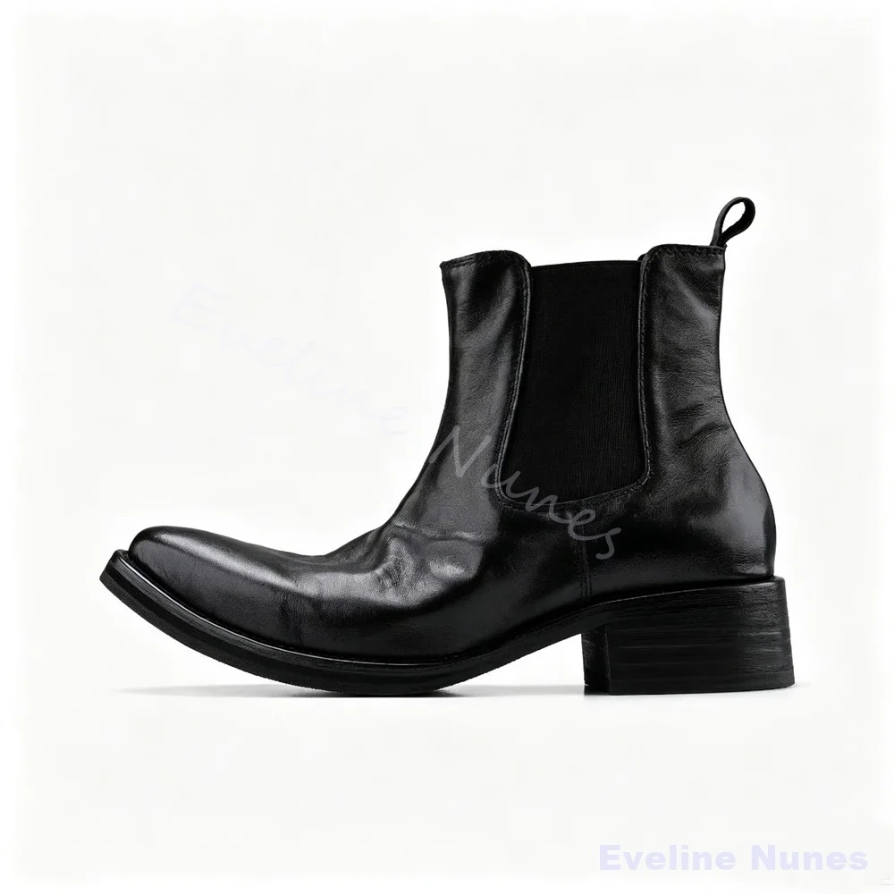 Men Vintage Distressed Chelsea Boots Wrinkled Leather Square Toe Block Heel Slip On Elastic Side Ankle Boots Black Casual Boots