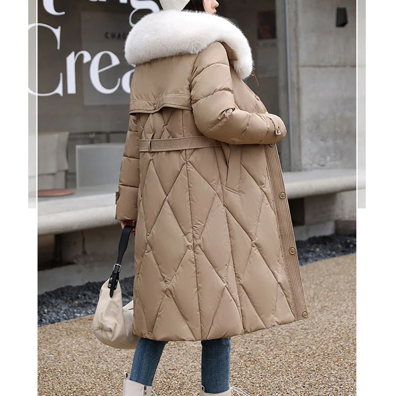 Winter Women's Stylish Faux Fur Collar Snow Warm Quilted Jacket Casual Long Sleeve Cotton Padded Coat Lace Up Mid Length Parkas