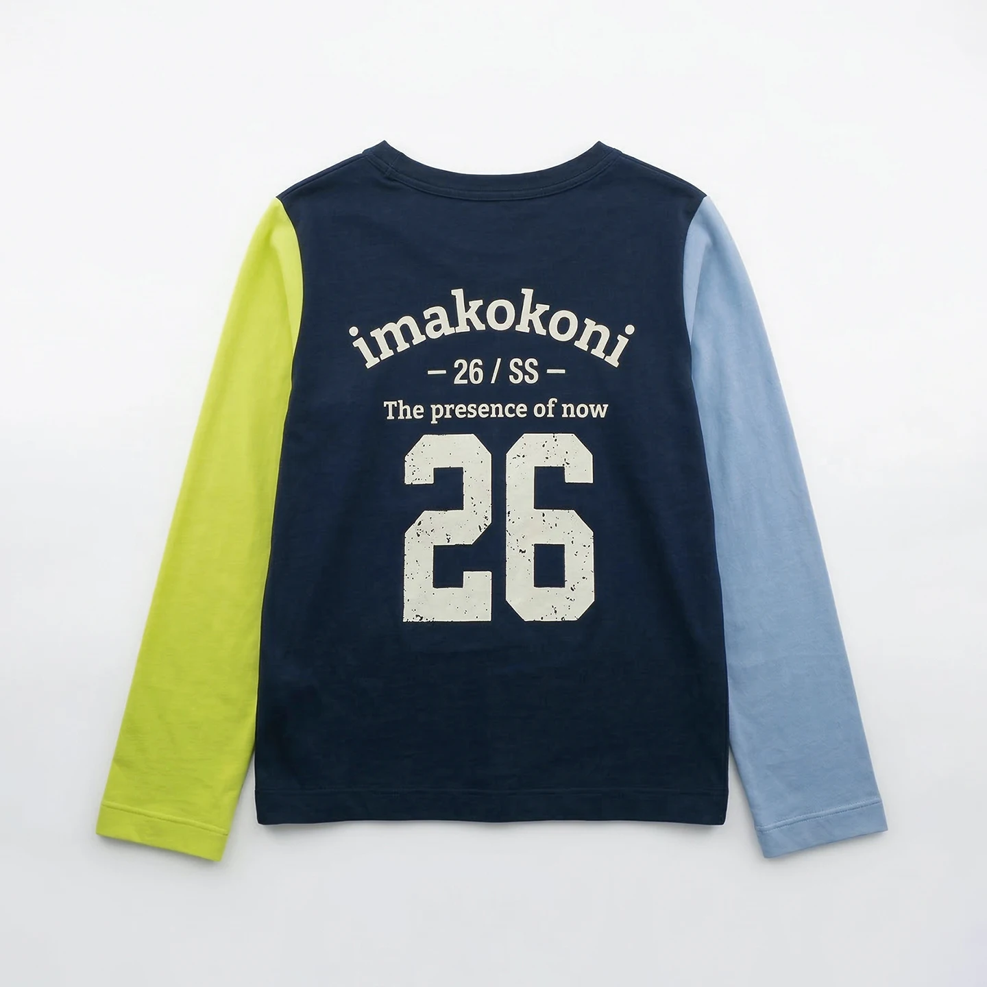 

IMAKOKONI 26/SS Color Block Raglan Sleeve Long Sleeve T-Shirt Women Navy Blue Neon Green Back Print Casual Top 265405
