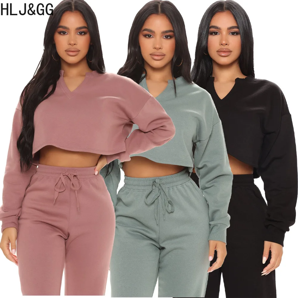 

HLJ&GG Autumn Casual Solid Color Jogger Pants Two Piece Sets Women V Neck Long Sleeve Crop Top + Pants Tracksuits Female Outfits