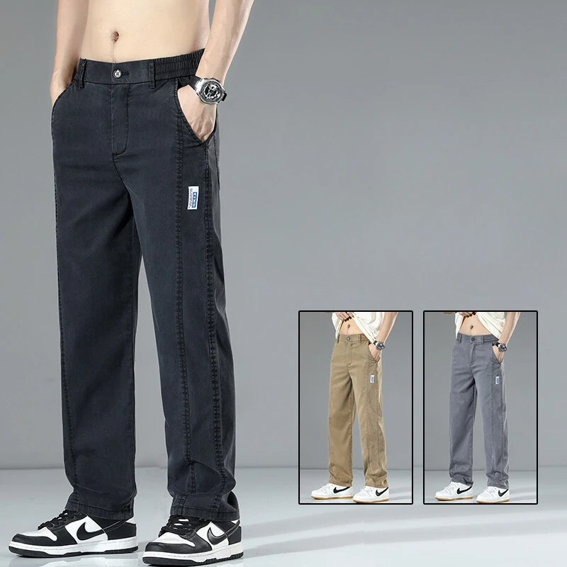 Jeans Tencel de verão masculino – calças casuais finas e respiráveis com perna reta e ajuste solto |   Calças confortáveis de perna larga de seda gelada