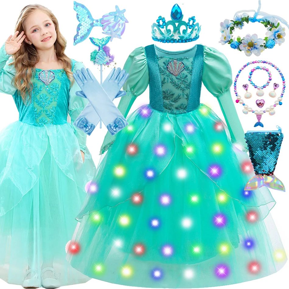 

Disney Little Mermaid Costume Girls Princess Ariel Ball Gowns Kids Christmas LED Light Halloween Party Frocks Embroidery Velvet