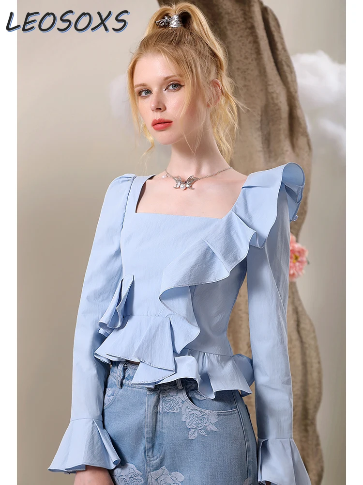 

High-End Elegant Blue Shirt Top Women 2024 Spring New Romantic Fashion Irregular Ruffled Long Sleeve Blusas Femininas Elegantes