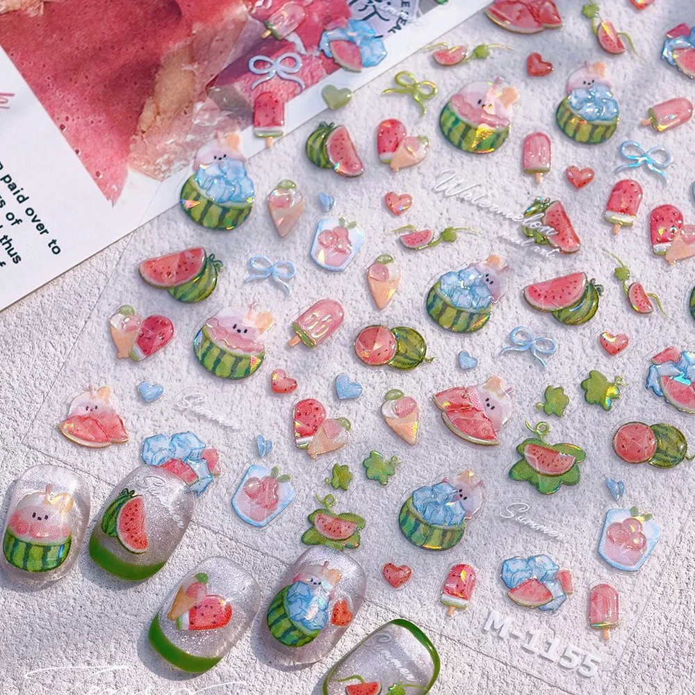 Entzückende Wassermelone Eis Kawaii Sommer 5D Nail Art Aufkleber süße Schleife Chill Eiswürfel Gelee süße Maniküre Aufkleber DIY