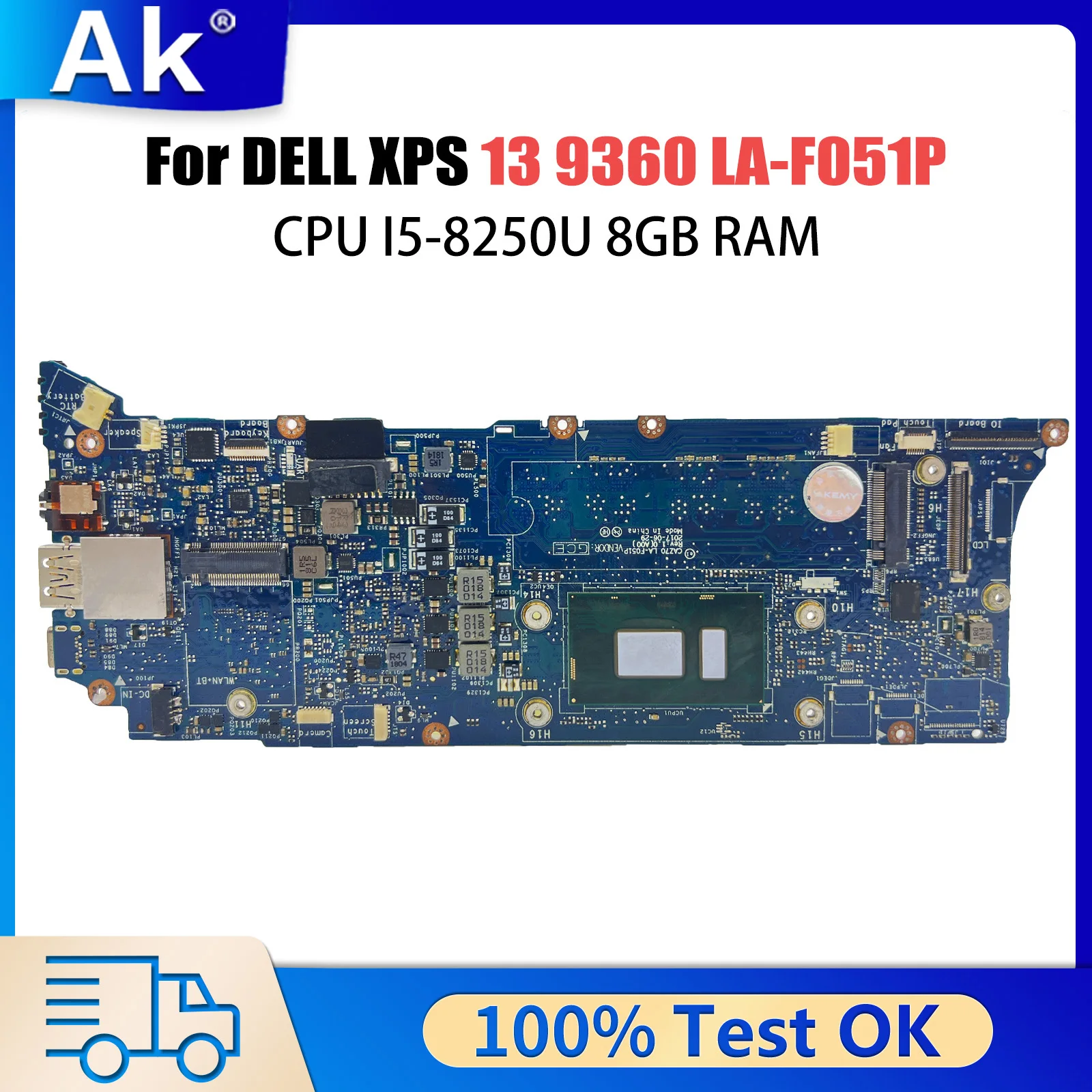 CN-0D8261 For Dell XPS 13 9360 Laptop Motherboard LA-F051P 0D8261 D8261 I5-8250U CPU 8G RAM Mainboard Fully Tested