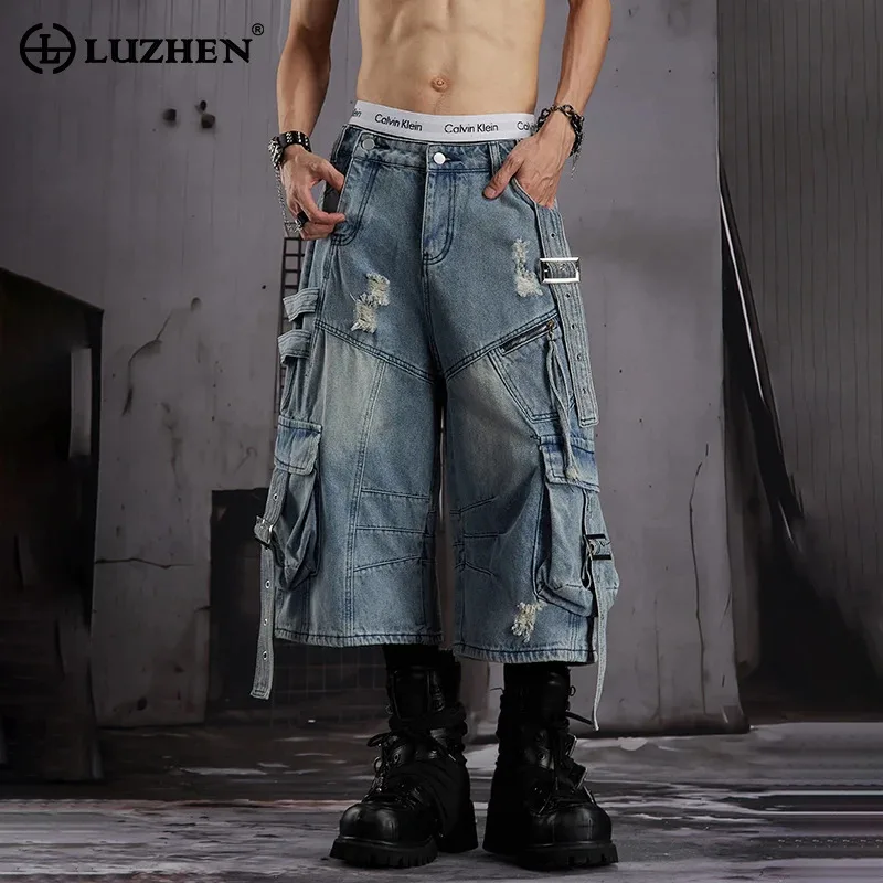 LUZHEN 2026 New Vintage Style Multi Pockets Ribbon Patchwork Design Straight Denim Cropped Trousers Men's Fashion Jeans JY8786