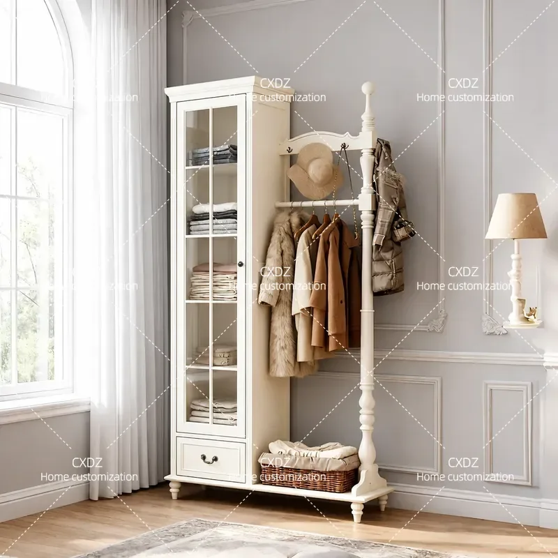 American Retro Coat Rack Bedroom Storage Chest Integrated Floor Standing Hanger Organizer Locker for Home Bedside Clothes