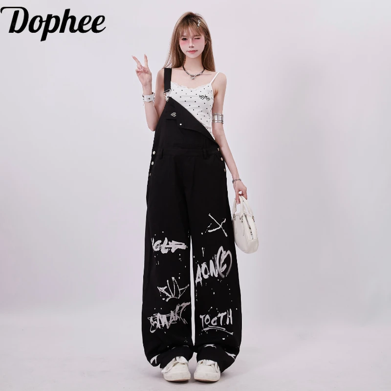 

Dophee New Summer Women Overalls American Spicy Girl Vintage Letter Graffiti Printing All-match Loose Jumpsuit Straight Pants