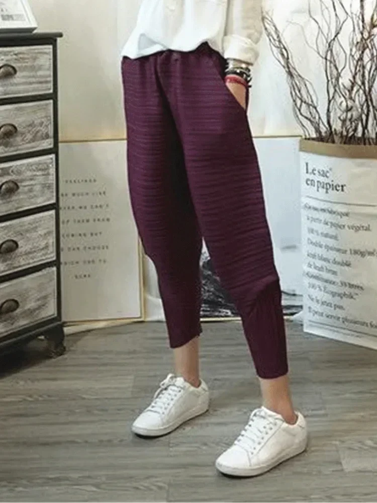 Calça feminina de harém plissado com bolsos, calça casual feminina com elástico na cintura, simples, monocromática, nova, outono, pregas, original, 2022