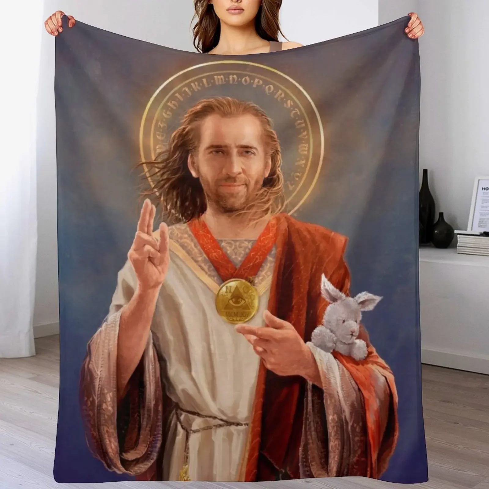 

Nicolas Cage Saint Nicolas of Cage - Nic Cage Original Religious Painting Throw Blanket Quilt Thins wednesday Furrys Blankets