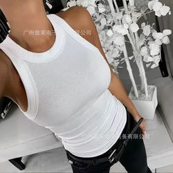 Women Tops Sexy Top Slim Fit Tees Vest Round Neck Sleeveless Tanks Camis Solid Sheath Elegant Splice Tight Waist Summer