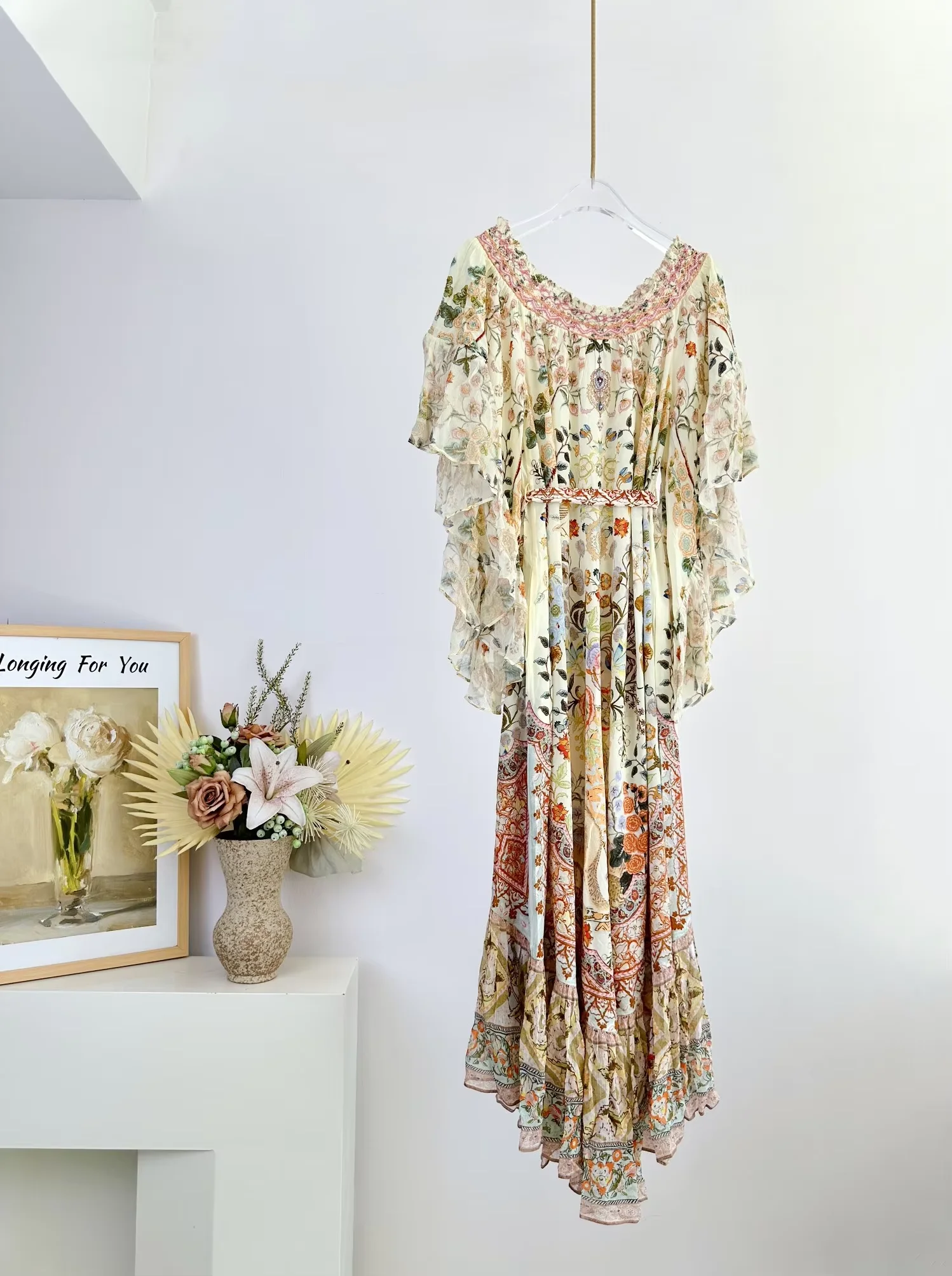 Flower Printed Women's 100% Silk Long Dress Multi-layer Flare Sleeve Waist Lace-up Slash Neck Irregular Hem Elegant Ladies Robe