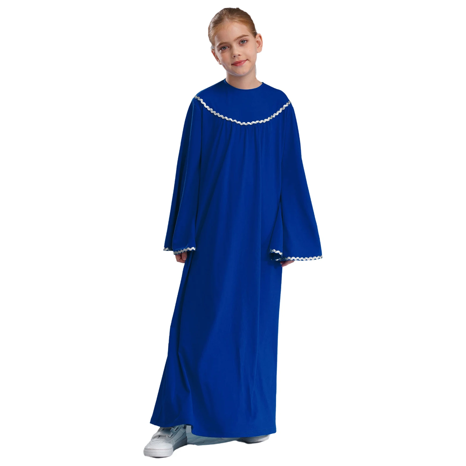 Kids Girls Choir Church Robe Costume Chorus Performance Dress Long Sleeve Wavy Trimmings Back Button Loose Priest Preacher Dress