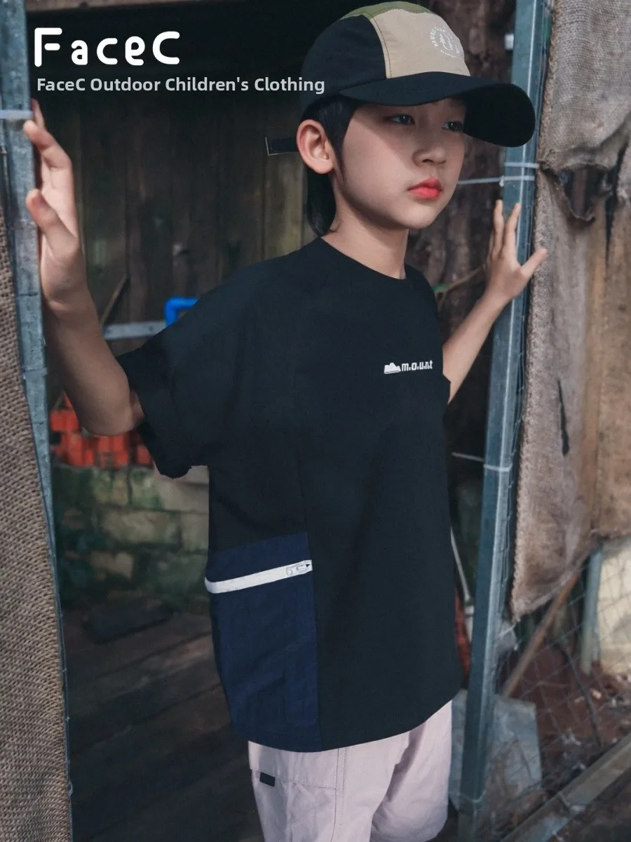Facec Solona Boys' Summer T-shirt with Pocket Outdoor Sports Short Sleeve Standard Fit Cotton Polyester Blend Children's Wear