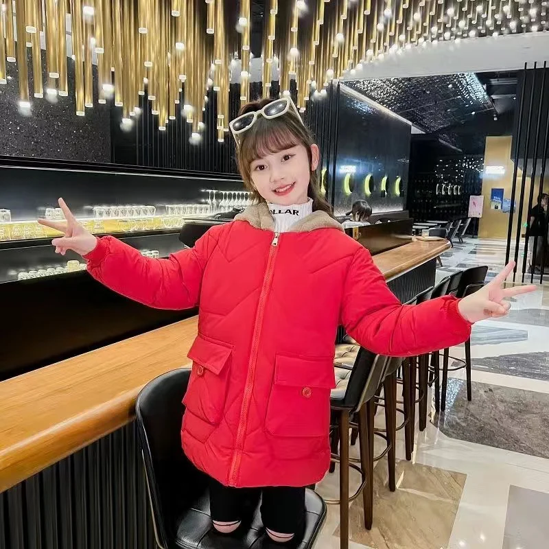 

2024 Girls' winter coat plus cashmere thickened fashion coat for children medium and long foreign style cotton-padded coat