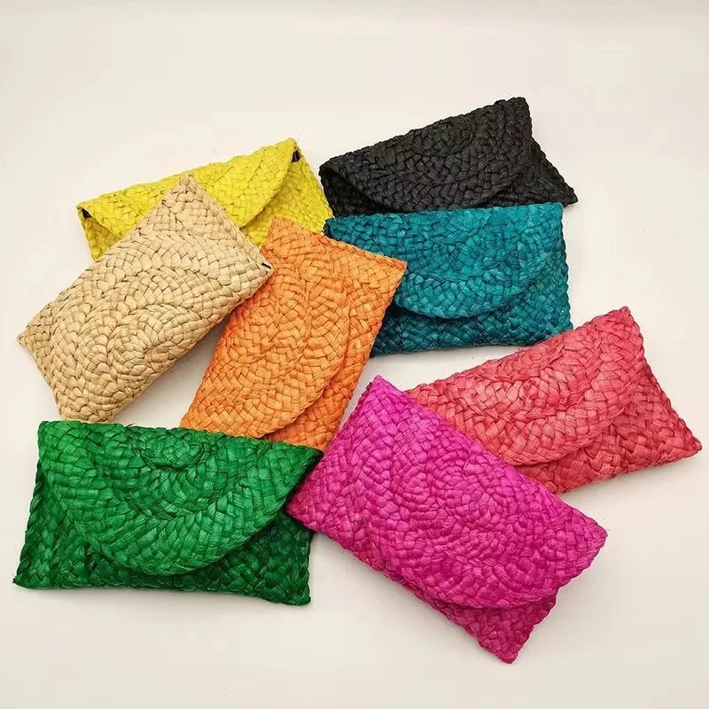 New Corn Fur Woven Bag Clutch Bag Women Large-capacity Straw Dinner Clip Bag Lady Summer Simple Solid Phone Bag Large Coin Purse